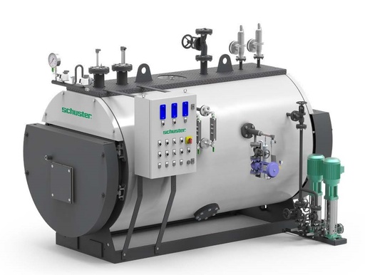 [888801500] Schuster 1500 kg/hr DE 12 OR Steam Boiler. High Pressure Packaged Steam Boiler, three-pass reverse flame Fire tube. Standard Version. Without Burner. Output 1500 kg/hr from & at 100°C. Suitable for firing on gas or oil fuels.